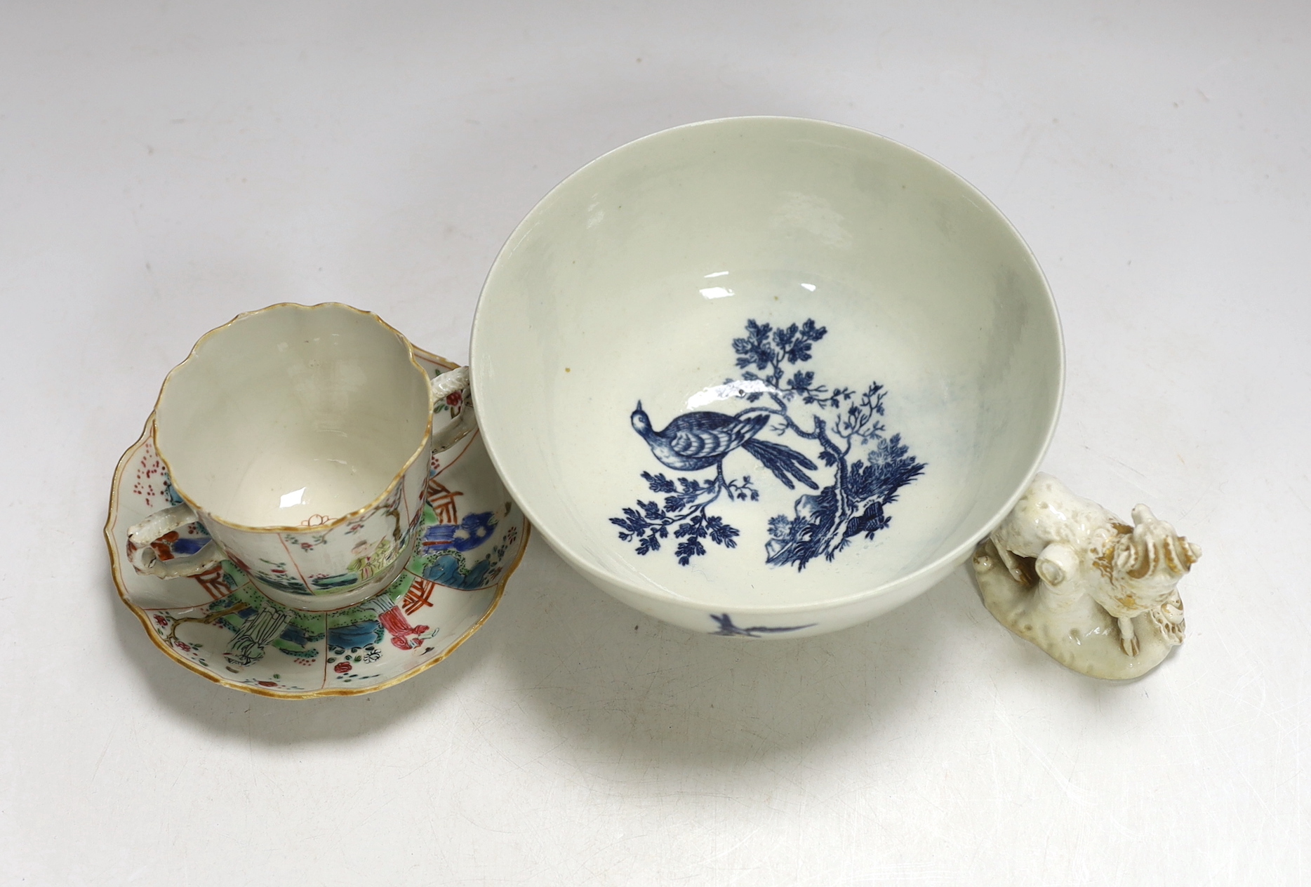 An 18th century Worcester bowl, Chinese cup and saucer and a Derby sheep, bowl 7.5cm